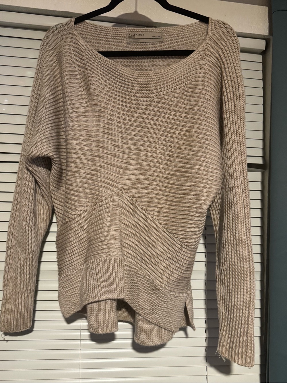 All Saints Neutral Ribbed Scoop-Neck Sweater in Cream-Tan